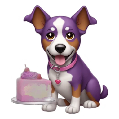 a purple dog with a brown nose and a pink collar with a bone eat cake sticker