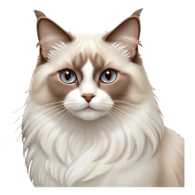 Cinematic Chocolate-Point Ragdoll Cat Portrait Emoji, Elegant and alert, sleek brown and white tones with a distinct white nose, Simplified yet sharp features, highly detailed, glowing with a warm, confident glow, high shine, intelligent and poised, stylized with an air of grace, focused and attentive, soft glowing outline, capturing the essence of calmness and elegance, so lifelike it feels as though it could spring into motion with a gentle, poised presence at any moment! sticker