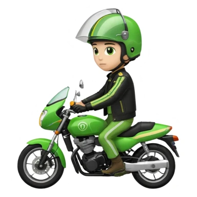 ojek online driver, using motorbike, the helmet is green. green jacket, not green motorbike (maybe a black jacket with green stripes just a little) then please make the driver not looking at "camera". the first one is good. but can you make the driver just look at the road not looking at me sticker