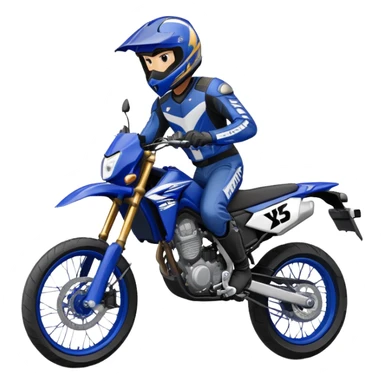 dark blue and light blue Yamaha WR125X Supermoto Rider in a wheelie with dark blue helmet sticker