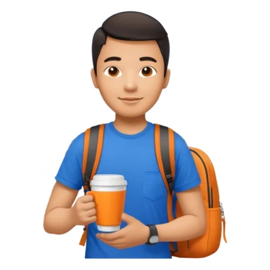 an asian man in blue t-shirt with orange cup of coffee and backpack on the back. Eiffel tower on the background sticker