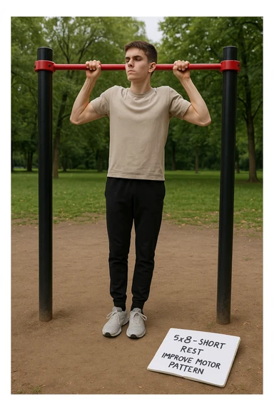 Giovane principiante dello streetlifting in un parco, fisico ancora asciutto, esegue lunghe serie di trazioni senza peso, con tecnica controllata. A terra, un taccuino con scritto '5x8 - riposo breve - migliorare schema motorio'. Espressione concentrata. Luce naturale, atmosfera educativa, senso di costruzione progressiva. sticker