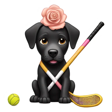 Black lab pitbull mix playing field hockey with a rose gold field hockey stick sticker