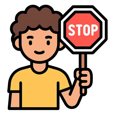 brunette person with curly hair holding a stop sign, color outline icon sticker