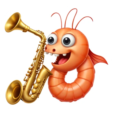 a cooked piece of shrimp with eyes and teeth playing the saxophone  sticker