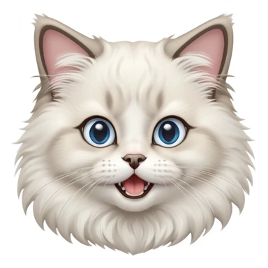 cinematic-adorable-big-eyed-fluffy-ragdoll-cat-portrait-emoji,-head-tilted-playfully-with-a-cute,-yawn,-white and grey fur,-simplified-yet-irresistibly-cute-features, blue eyes sticker