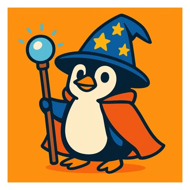 a penguin dressed as a wizard, with a pointy hat and a magic staff, in a fun and whimsical style sticker