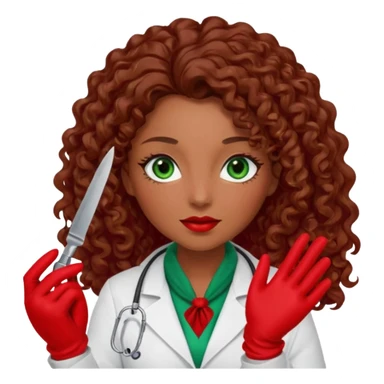 Lilith scalpel in hand, evil surgeon sexy surgeon clothes.  She has green  eyes. She brown long curly hair. Wears sexy doctor outfit with red gloves. Outfit is also red. hair is free and brown. Hides face by using a red scarf sticker