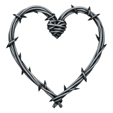 Minimal black line art heart made from barbed wire, hand-drawn sketch look, uneven ink strokes, 6–7 barbs with twisted knots, simple clean outline, centered on plain white background, high contrast sticker