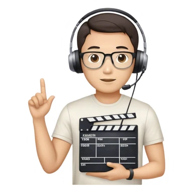 Korean male movie director wear headset, tsirts who holds a movie slate sticker