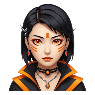 Cyberpunk Japanese woman, mid-50s looking young, sharp features, sleek black hair, glowing orange eyes, expensive tech jewelry, vengeful expression, neon highlights, dark background. sticker