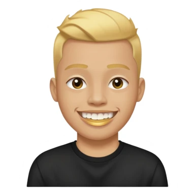 lightskinned person with a taper fade haircut and golden teeth wearing a black tshirt with a white background sticker