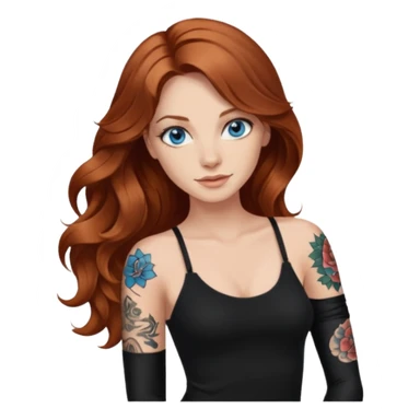 Long wavy Auburn hair woman BLUE eyes wearing black cami and one tattoo sleeve sticker