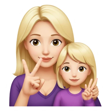 mom and daughter, mom has blonde hair, daughter has dark hair, mom is tired, daughter is joyful and shows the v sign with her fingers sticker