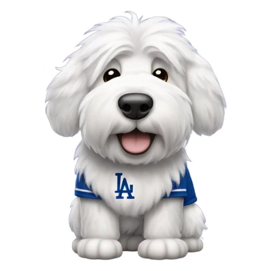 Old English Sheepdog full height wearing a Los Angeles dodgers baseball jersey sticker