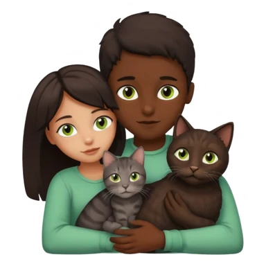 Crea un emoji donde salga un chico moreno con los ojos claros, una chica morena con los ojos marrones y SOLO UN gato europeo comun de pelaje oscuro y ojos verde claro, quiero que se esten abrazando y el gato este en el medio de los dos sticker