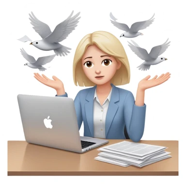 tired woman sitting at a desk with a MacBook, holding her arms out to the side, surrounded by flying papers sticker