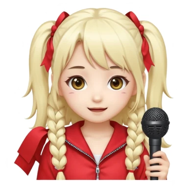 Cute kawaii emoji-style Japanese K-pop singer girl, long platinum blonde hair in twin tails, red outfit, holding a microphone, Japanese K-pop idol vibes, big sparkling eyes, chibi proportions, clean lineart, pastel colors, cheerful idol smile, sticker/emoji style, transparent background sticker