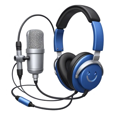 Create a sleek and professional emoji that represents voice acting and dubbing equipment. The design should feature a high-quality microphone, a sound mixer or audio interface, and headphones to symbolize the recording and technical process. Include elements like a soundproof booth or audio cables to reflect the studio environment. Use a modern, clean design with colors like silver, black, and dark blue to represent the professional side of voice acting. The background should be transparent. sticker