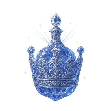 luxurious crystal elixir bottle shaped distinctly like a crown, color #7986cb, ornate multi-layered holographic and silver filigree, intricate crystal texture, magical glowing and sparkling effects, radiant light beams, very small neck, seamless and beautifully rounded closed bottom (not flat or open like a glass), transparent background, bottle clearly floating in air, no base or shadow, not standing, modern, collection style, extremely beautiful and refined, unmistakably crown-like silhouette sticker