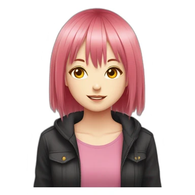 (gril) makima from the manga chainsawman with pink/red hair fringe, yellow eyes with a circle inside and a black shirt sticker