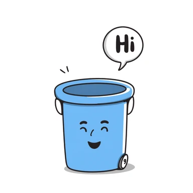 hand-drawn blue bin with a smile, speech bubble with 'hi' sticker
