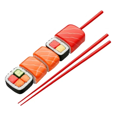 Japanese cuisine humanless avatar in minimalist emoji-style illustration. Sushi, roll and 2 chopsticks, clean lines, red white colors, flat design, calm and modern. sticker