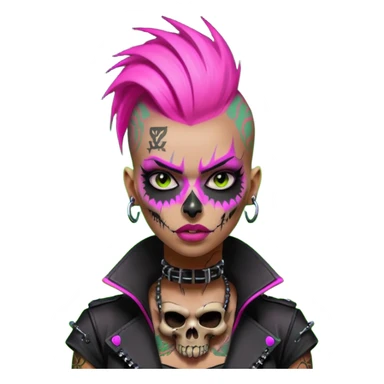 Cyberpunk female punk, pink mohawk, skull face tattoos, bionic neck, aggressive expression, neon green lighting sticker