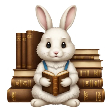 White rabbit sitting on 4 legs next to a stack of books consisting of 3 books sticker
