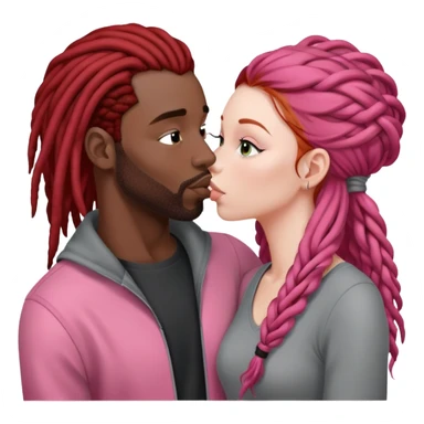 Mulher ruiva, pele branca, roupinha rosa, beijando um homem negro, com dreads nos cabelos e roupa cinza sticker