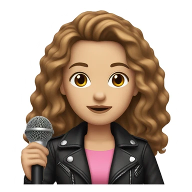 White Woman, Long Brown Wavy Hair, Brown Eyes, Wearing A Pink Dress and a Black Leather Jacket, holding a microphone  sticker