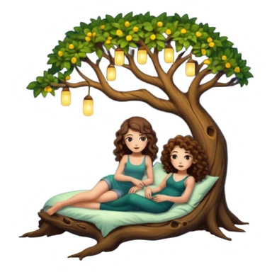 hollow tree bed — long wavy brown hair tattooed woman and short tight curly brown hair woman — firefly night lights sticker