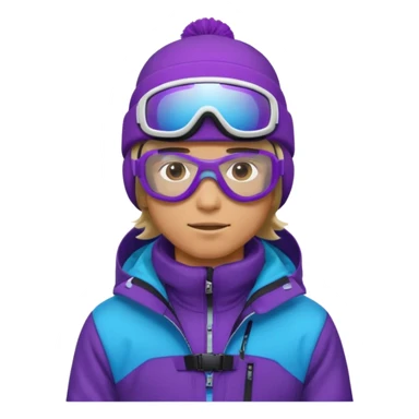 male Pro Snowboarder with white beanie, ONE pair of purple and blue frameless goggles and a black jacket sticker