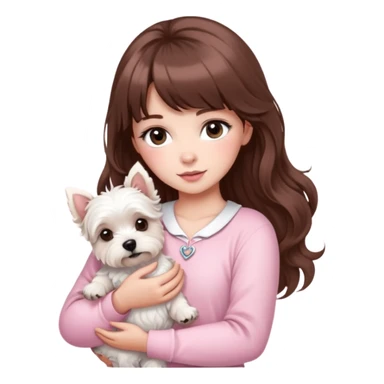 “A woman with fair skin, long brown hair with bangs, large brown eyes, and long, beautifully curled eyelashes. She is wearing a baby pink outfit and holding a West Highland White Terrier in her arms.” sticker