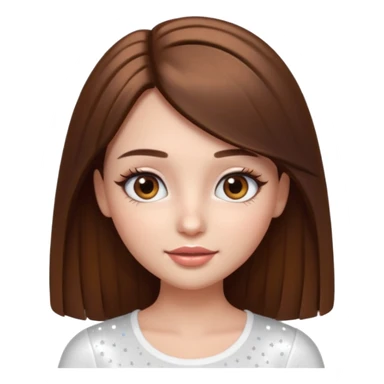 pretty cartoon girl, semi-realistic 3D emoji style, long straight brown hair, brown eyes, long eyelashes, soft glam makeup, glossy lips, smooth skin, cute aesthetic, sparkles in hair, white top sticker