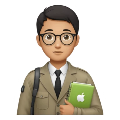 a asia man guy his 20s wearing an apple notebook, wearing bodyguard radio operator, round glasses, achromatic clothes sticker