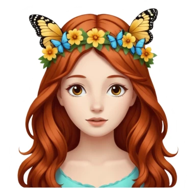 Woman with long flowing auburn hair wearing a flower crown with butterflies in it sticker