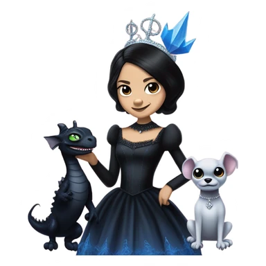 relaxed low-cut slinky black evening ball gown with lace gloves, Jenna Ortega as Wednesday Addams wearing a mini diamond tiara showing off a cute blue horned dragon ventriloquist puppet sticker
