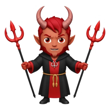 Full body 3D Memoji male devil in a dark robe, holding a trident symmetrically with both hands centrally. Red skin, horns, solid background. sticker