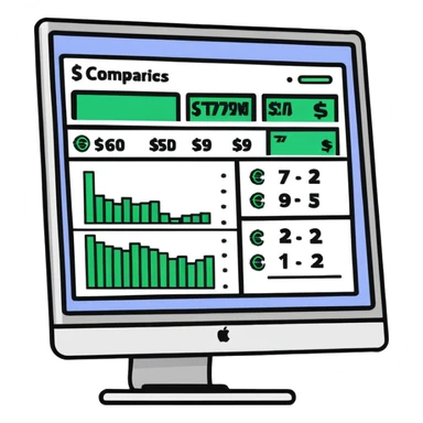 computer screen with price comparison dashboard showing multiple currencies € $ £ ¥ sticker