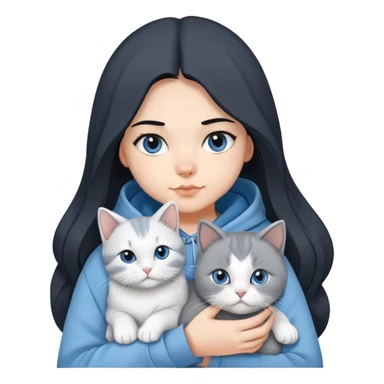 Girl with black hair wearing gray hoodie with a British shorthair blue and white cat and a long-haired blue and white cat sticker