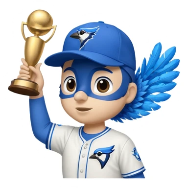 blue jay wearing bluejays MLB baseball cap, holding trophy 🏆 over his head sticker