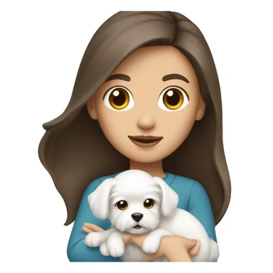 Brunette woman holding a white Maltese puppy sticker