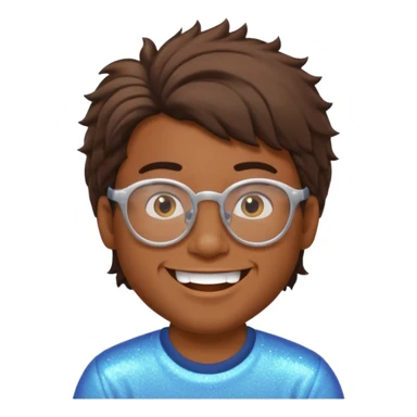 Brown guy with glasses with a whiffed front and puffed mullet, smiling with his teeth together and a sparkle from his teeth sticker