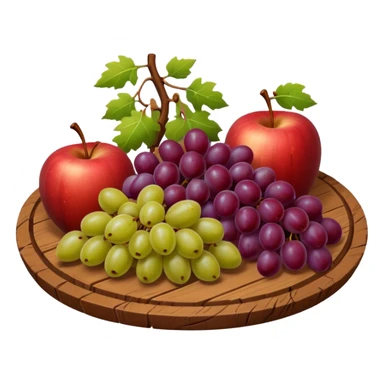 medieval fruit platter object icon, grapes and apples and pears, rustic plate, 3D cartoon, mobile game icon style, clean background, no text, no watermark
 sticker