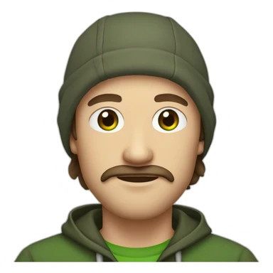 it nerd in hoodie with fisherman beanie and mustache and beard brown hair and green eye sticker