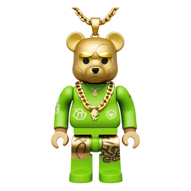 classic bearbrick figure with lime green mask covered in chaotic brand logos, wearing several large gold chains, gold pendant, rapper style accessories, expressive eyebrows sticker