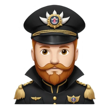 An auburn-hair'ed admiral with a flawless bear and mustache wearing a black admiral outfit and hat with Wolf Ears coming out of the hat, and 9 tails behind him, with the admiral black shirt featuring on the left breast pocket the insignia of Helldivers 2 sticker