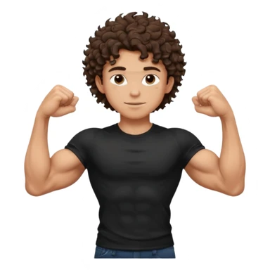 muscular teen boy with veiny hands arms and biceps. has messy brunette curly hair with tan skintone with black tshirt sticker