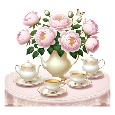 An enchanting garden tea party setting with a vintage lace tablecloth, golden-rimmed porcelain teacups, a centerpiece of light pink roses and white peonies in a pearl-trimmed vase, with delicate pearl butterflies flitting through the soft sunlight.
 sticker
